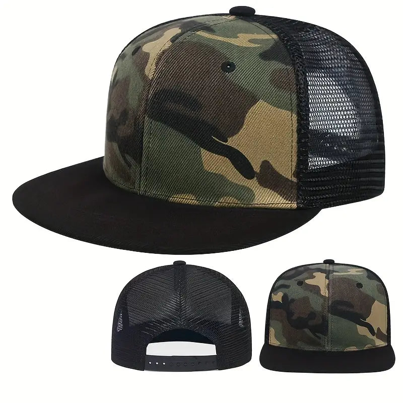 Camo Mesh Baseball Cap - Adjustable, Lightweight Snapback Hat with Flat Brim for Outdoor Sun Protection