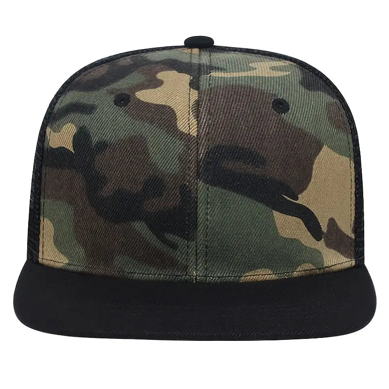 Camo Mesh Baseball Cap - Adjustable, Lightweight Snapback Hat with Flat Brim for Outdoor Sun Protection