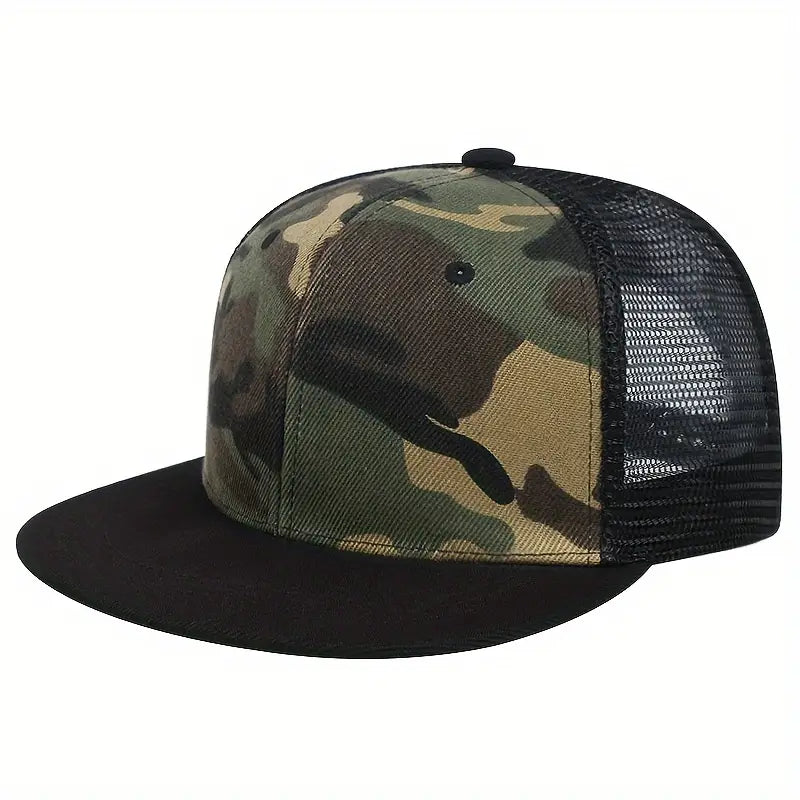 Camo Mesh Baseball Cap - Adjustable, Lightweight Snapback Hat with Flat Brim for Outdoor Sun Protection